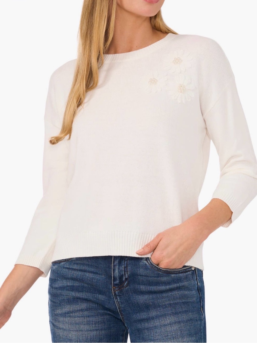 CeCe Antique White Crewneck Sweater w/ Floral Appliqué; brand new with tags NWT